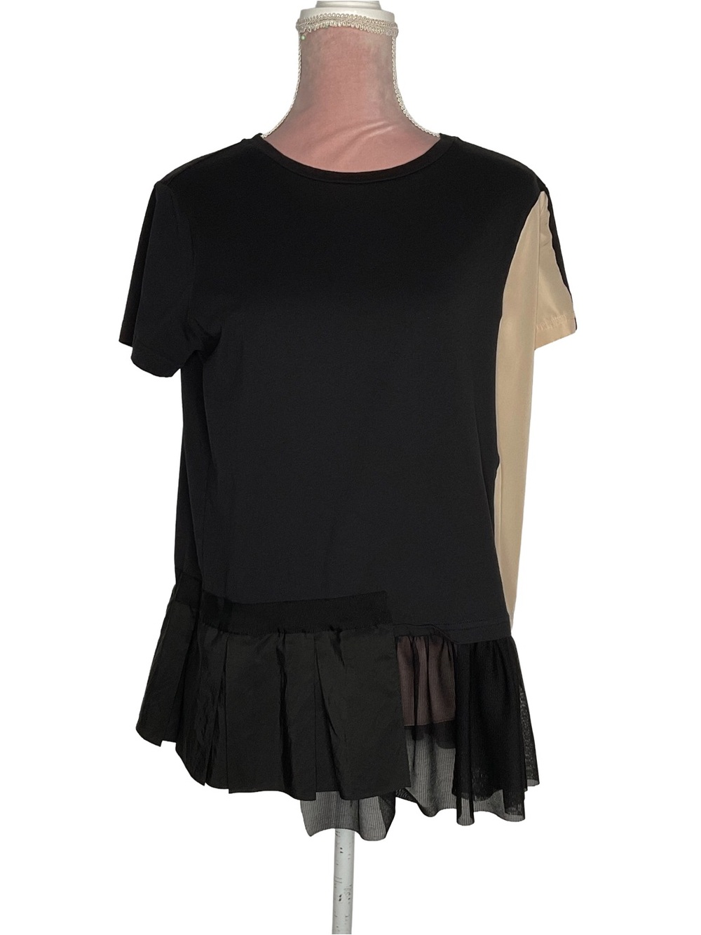 RIANI Black Top with Cream Side Panel and Ruffle Hem